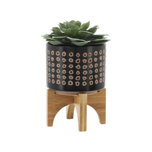 Vasi Rotondi in Ceramica con Supporti in Bambù per Arredamento Casa, Set di Due Fioriere Moderne - Product Image 4