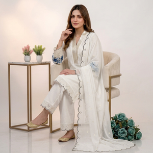 White Embroidered <b>Indian</b> Pakistani <b>Top</b> Elegant V Neck Long Sleeve Salwar Kameez Blouse for Wedding Party - Product Image 3