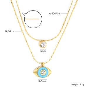 Collar de Moda de Acero Inoxidable con Baño de Oro de 18K, Cadena de Eslabones con Ojo Azul, Collar en Capas para Mujer con Colgante Redondo de Moneda y Zirconia - Product Image 2