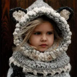 婴儿天鹅绒帽子猫耳狐狸冬季豆豆帽子儿童防风帽子围巾男孩女孩手工针织帽