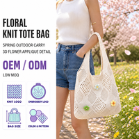 Sac fourre-tout en tricot floral avec applique florale 3D, sac à main ajouré en maille, sac de shopping souple pour le printemps et l'extérieur, logo personnalisé, faible MOQ, vente en gros