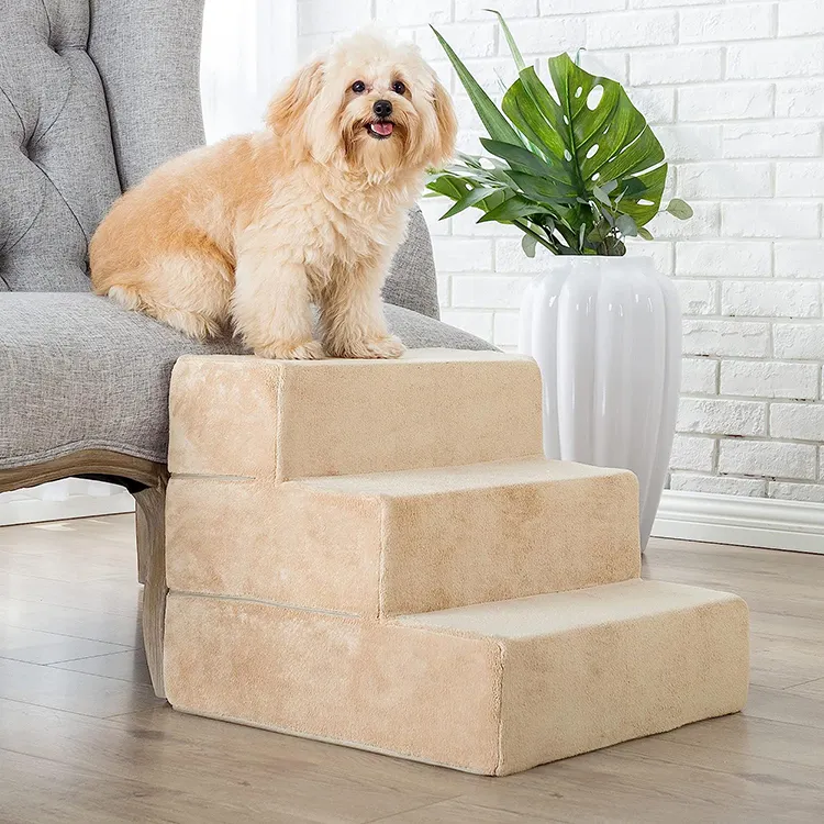 Escaliers pour chiens en mousse solide beige moderne haute densité à 3 marches avec couvercle amovible