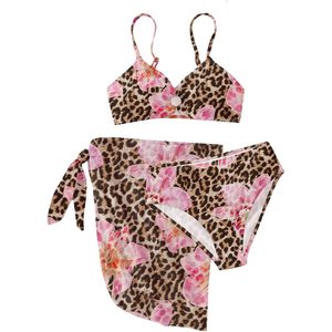 FOXA Ensemble bikini 3 pièces pour filles, imprimé floral léopard, avec jupe de plage, maillot de bain rembourré pour adolescentes - Product Image 1