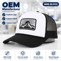 Casquette Trucker Unisexe Ajustable pour l'Extérieur avec Patch Tissé Personnalisé Motif Lever de Soleil en Montagne, Devant en Mousse Blanche, Dos en Maille Noire et Détail Corde