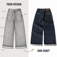 Jean en denim selvedge pour homme, coupe large, sur mesure, avec ligne rouge, taille ajustable, fermeture boutonnée, surpiqûres contrastées, 14oz, poids lourd, fabricant OEM