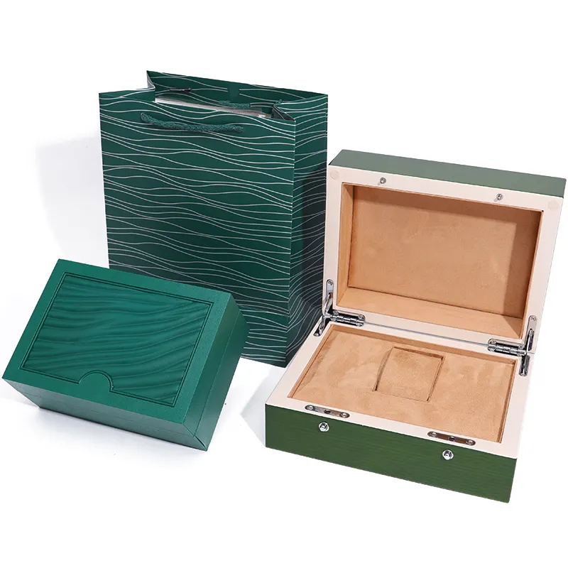 Custom design all'ingrosso eleganti custodie per orologi di lusso scatole regalo con tote bag in legno verde marca rolex scatola orologio