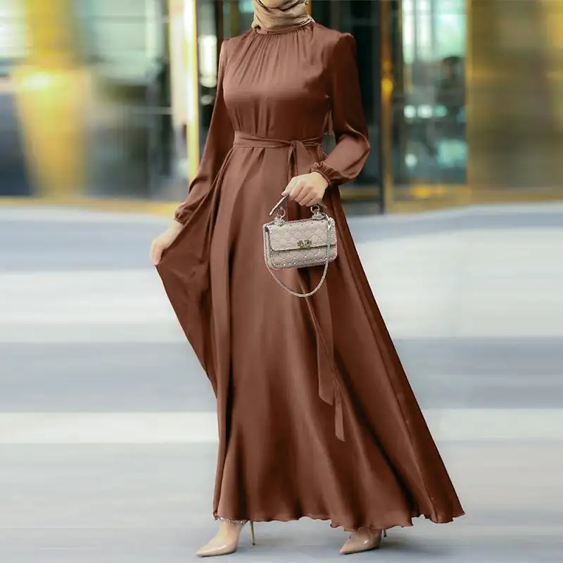 ホット販売クルーネックアラビア服プラスサイズ無地イスラムローブプリーツイスラム教徒の女性ドレス控えめなサテンアバヤ