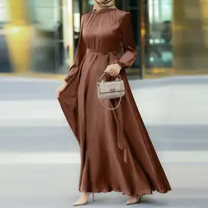 Hot Sales Crew Neck Arabic Clothes Plus Size Solid Color Islamic Robe Pleated Muslim Women Dress Modest Satin Abaya