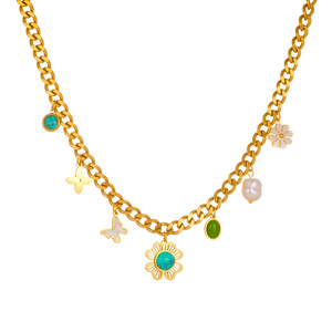 Cross Border Fashion Retro Heavy Chain White Shell Butterfly Daisy Turquoise Flower Pendant Stainless Steel Necklace - Product Image 5