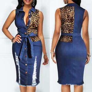 Leopardo Del Denim Della Rappezzatura Midi <span class=keywords><strong>Vestito</strong></span> Delle Donne Senza Maniche Girare Giù Il Collare Office Lady Matita Abiti Donna Primavera Estate Dei <span class=keywords><strong>Jeans</strong></span> Si Vestono - Product Image 2