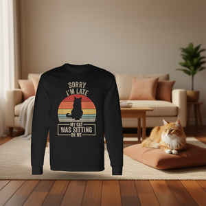 Camiseta vintage retro de manga larga, lo siento por estar tarde, mi gato estuvo sentado encima de mí, regalo para amantes de los gatos, ropa unisex - Product Image 3