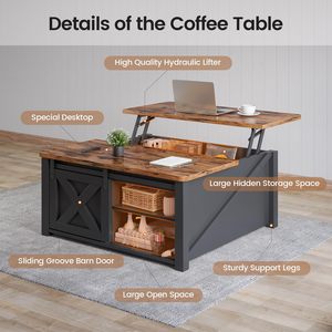 Table basse relevable SENYU style farmhouse avec rangement, structure en bois et métal, mobilier moderne pour salon - Product Image 3