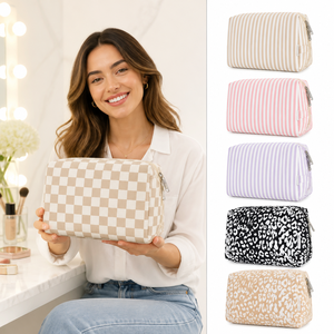 Travel <b>Makeup</b> <b>Bags</b> Large Small 2 Sizes Checkered Stripe Leopard Print Water Resistant Nylon Cosmetic Zipper Toiletry Women Gifts - Product Image 1