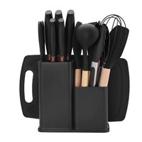 Ensemble d'ustensiles de cuisine en silicone 19 pièces avec manche en bois, outils de cuisson, couteau, planche à découper, seau de rangement, ensemble d'accessoires de cuisine