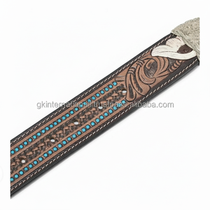 Made in India High Quality Floral Engraved Full Grain Vegetable Tanned Western <b>Leather</b> <b>Tooling</b> <b>belt</b> with 3 Piece Designer buckle - Product Image 1