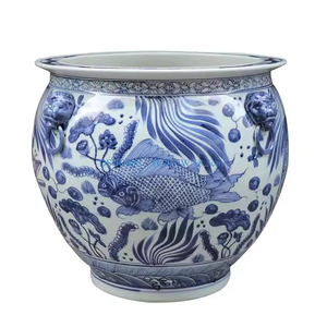 Grande <span class=keywords><strong>jardinière</strong></span> en céramique chinoise antique peinte à la main motif <span class=keywords><strong>de</strong></span> poisson bleu et blanc Pots <span class=keywords><strong>de</strong></span> fleurs et jardinières d'intérieur et d'extérieur - Product Image 4