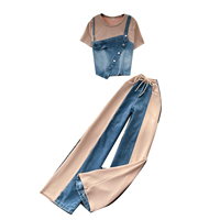 Ensemble deux pièces en jean patchwork taille haute pour femme - Collection été