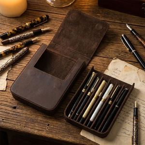 Crazy Horse Leather Pen case Handmade <b>6</b>-slot Magnetic <b>Drawer</b> Style Student Genuine Leather Fountain Pen Storage Box Modern - Product Image 2