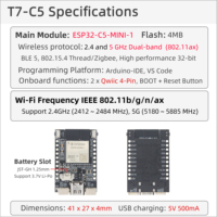 Carte de développement IoT miniature LILYGO T7-C5 ESP32-C5, double bande 2,4G/5G, prise en charge des protocoles Zigbee/Thread, alimentation par batterie Li-Po 3,7V