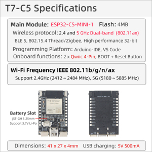 Lilygo T7-C5 मिनी आइट डेवलपमेंट बोर्ड ESP32-C5 2.4 जी/5 जी डुअल-बैंड समर्थित ज़िग्बी/थ्रेड प्रोटोकॉल 3.7v ली-पो बैटरी पावर - Product Image 6
