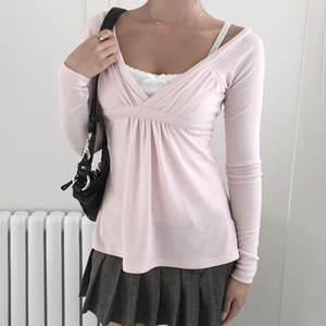 Korean Deep V Neck Waist Cinching Tie Bow Pleated Long Sleeve Tee Solid Color Versatile Comfortable Babydoll Hem <b>Top</b> - Product Image 4