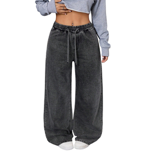 <span class=keywords><strong>Jean</strong></span> baggy gris délavé à jambe <span class=keywords><strong>large</strong></span> pour adolescentes, pantalon décontracté en denim avec taille à cordon, style streetwear - Product Image 4