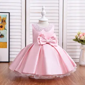 Blanc/rose/rouge couleur perles robe de bal gonflé petit bébé fille robes sans manches courtes fleur filles robes avec nœud