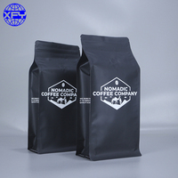 Sac à café en plastique à fond plat noir mat, emballage avec valve et fermeture éclair, thermoscellé, impression personnalisée, 340g, 1kg