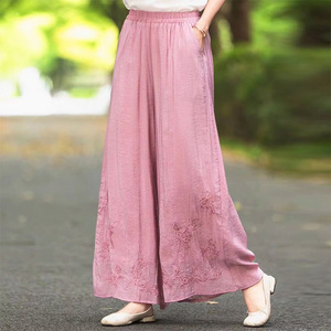 Cotton Linen Embroidered Wide Leg Pants Elastic Waist Casual Plus Size Women's Clothing Rose Pink Breathable Summer Style - Product Image 1