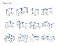 Poste de travail modulaire pour personnel de bureau, table de bureau avec cloisons en verre et tissu, cloison de bureau par un fabricant de mobilier de bureau