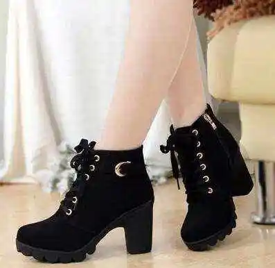 new high-heeled women's boots cross-strap short thick heel fashion boots pu leather ladies martin boots