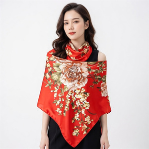 Grande Sciarpa Quadrata in <span class=keywords><strong>Seta</strong></span> di Gelso con Stampa Floreale Rossa 90cm, Hijab Musulmano per Matrimoni, Feste e Regalo di Laurea - Product Image 1