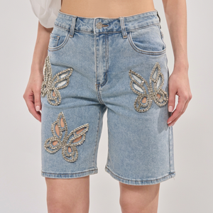 Shorts Bermuda en Denim Uni 100% Coton Taille Moyenne avec Appliques Papillon en Strass Style Décontracté pour Hommes - Product Image 1