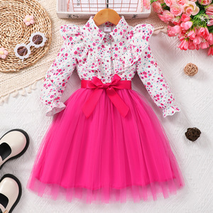 Nouvelle robe en maille à imprimé floral pour filles, à manches longues, avec nœud et <span class=keywords><strong>ceinture</strong></span> tissée, collection printemps - Product Image 4