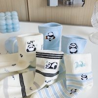 Chaussettes mi-mollet décontractées en coton brodé motif panda mignon, rayées bleu et blanc, respirantes, pour femme, idéales au quotidien (vente en gros)