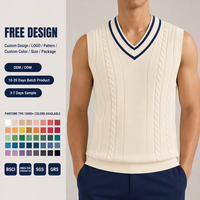 Gilet pull sans manches pour homme, style Old Money, tricoté, col en V, blanc ivoire, bordure marine, style cricket, avec emblème bouclier, personnalisé OEM
