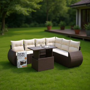 Ensemble de canapés de jardin en rotin PE, marron, crème, blanc, meubles d'extérieur modulaires avec coussins en mousse haute densité pour la vie en plein air - Product Image 2
