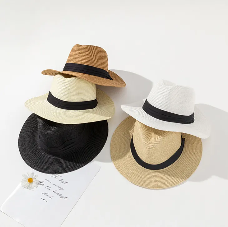 Fabricação designer senhoras premium palha cap mulheres aba larga grande chapéu fedora chapéu panamá clássico com fita