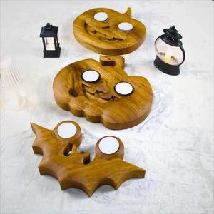 Oak Wood Pumpkins and Bat Shape Halloween Decorations Halloween Candle Holder with Engraved Carving for Gift