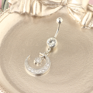 Anneaux de nombril pendantes en acier chirurgical inoxydable avec zircon cubique, barre pour piercing de nombril pour femmes et filles, bijoux de piercing corporel, or rose, argent - Product Image 6