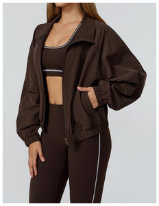 <b>Women</b> S <b>Long</b> <b>Sleeves</b> Loose Stand Neck <b>Sports</b> Jacket Full Zipper Elastic Waist <b>Top</b> Side Pockets Windproof Outdoor Gym 2-Piece Set - Product Image 3