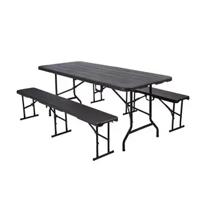 Meja dan Kursi Panjang Lipat Luar Ruangan Taman Plastik BBQ 8ft 243Cm, Bangku Lipat