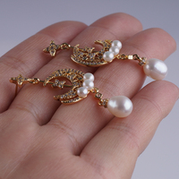 7mm perle de riz avec 3-4mm bouton perle lune avec étoile Design véritable perle d'eau douce boucles d'oreilles faites à la main bijoux