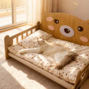 Lit de luxe surélevé pour animaux de compagnie, lit de camp extérieur surélevé avec planche en bois et escalier intégré, mobilier moderne pour animaux, griffoir en sisal - Product Image 2