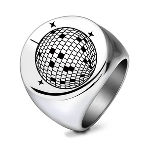 Men's Stainless Steel Round Globe <b>Ring</b> 22MM Laser Engraved Geometric Design Party Jewelry Gold Color - Product Image 5