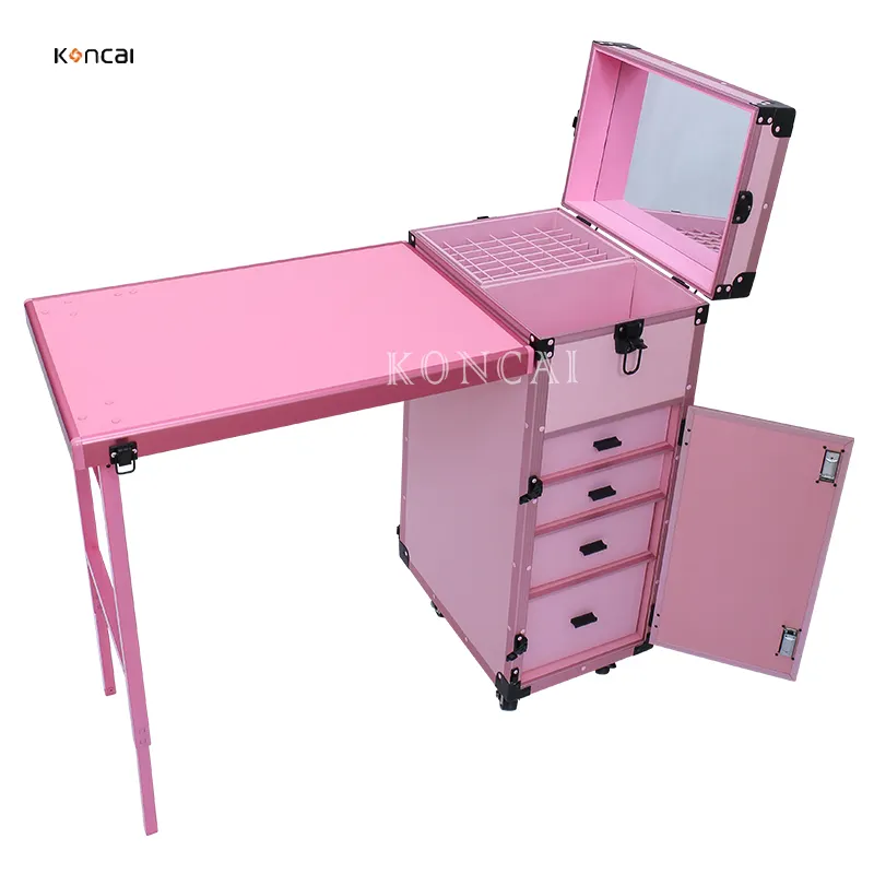 2021 new customized pink makeup nail polish organizer case nail salon station trolley manicure table with music loudspeaker