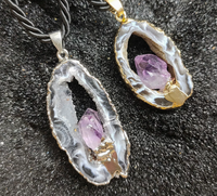 Pendentif en Agate Naturelle Polie, Tranche Creuse d'Améthyste, Bord Doré, pour Hommes et Femmes, Accessoire Fait Main pour Bracelet et Collier DIY