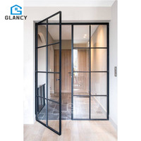 Puertas francesas individuales modernas con certificación CE, aislamiento térmico con revestimiento de energía negra, pantalla de fibra de vidrio de aluminio, arco de vidrio único de acero