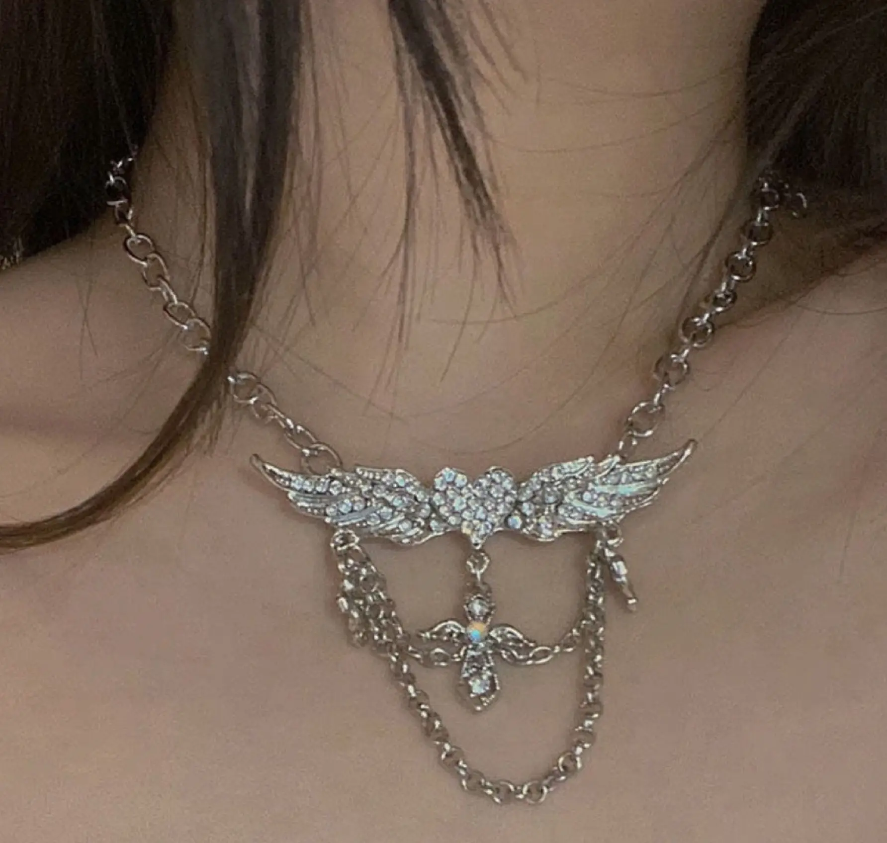Y2K, лидер продаж, изысканное ожерелье для девушек с алмазами, любовными крыльями ангела, крестом, ожерелье с блестящими богатыми коллиями, последовательным пророком