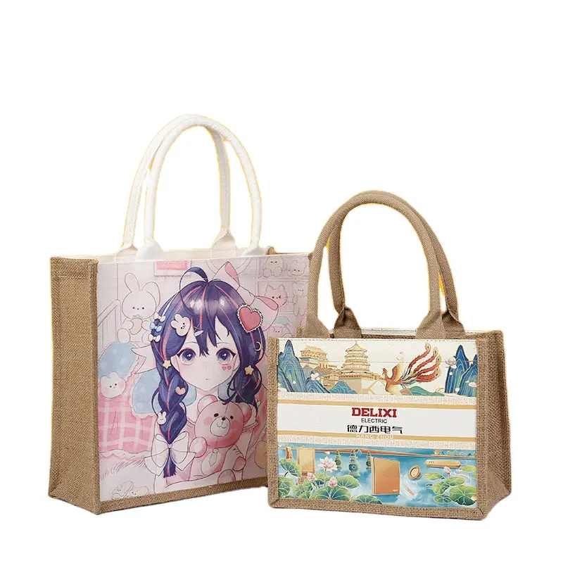2024 Eco Laminated Jute Canvas Bag Burlap Reusable DIY Linen Beach Bag Hessian Canvas Shopping Tote Bags With Custom Logo